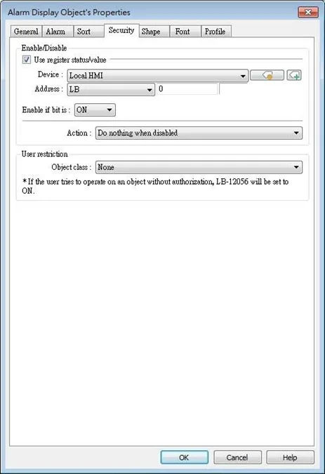 EBPro Alarm Display Object, Security Tab.  The visibility of the alarm display object is configured here.