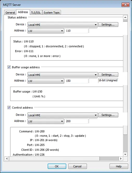 MQTT Server, Address tab.  This tab is where the status, buffer usage and control addresses are configured.
