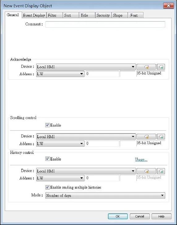 EBPro Event Display Object EBPro New Event Display Object dialog box, General tab. Event Display Objects are opened from the Data/History toolbar.