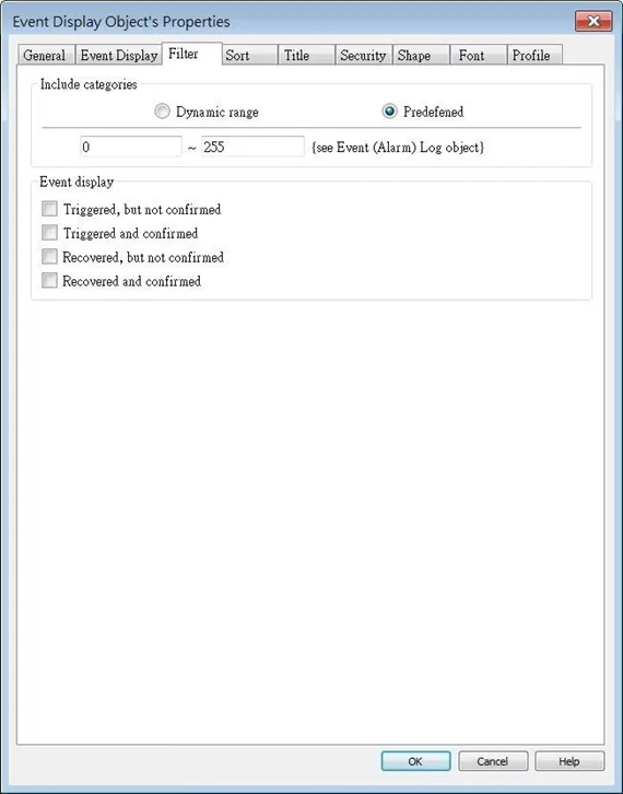EBPro Event Display Object, Filter tab EBPro Event Display Object, Filter tab. This is where you can define the range of categories or event types to include or exclude from being shown on the Event Display Object