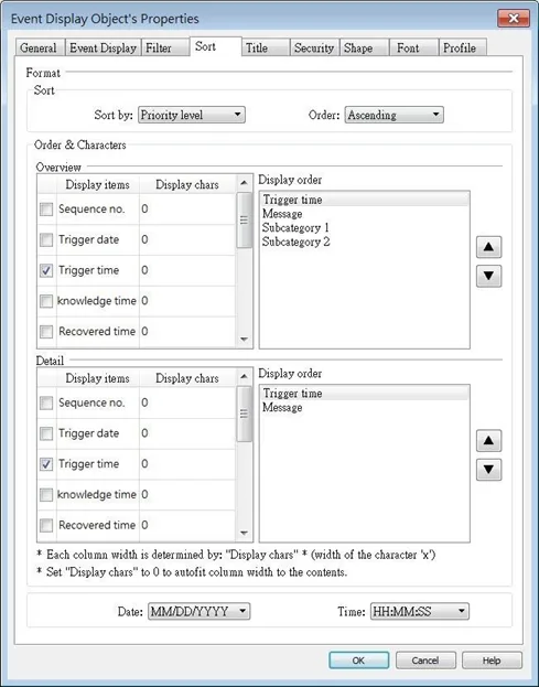 EBPro Event Display Object, Sort tab EBPro Event Display Object, Sort tab. This is where the display order of various event parameters can be configured.