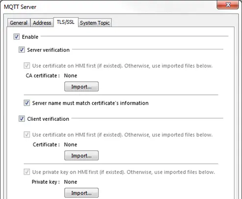 MQTT Server, TLS/SSL Tab:  This is where TLS/SSL authentication is enabled and configured.