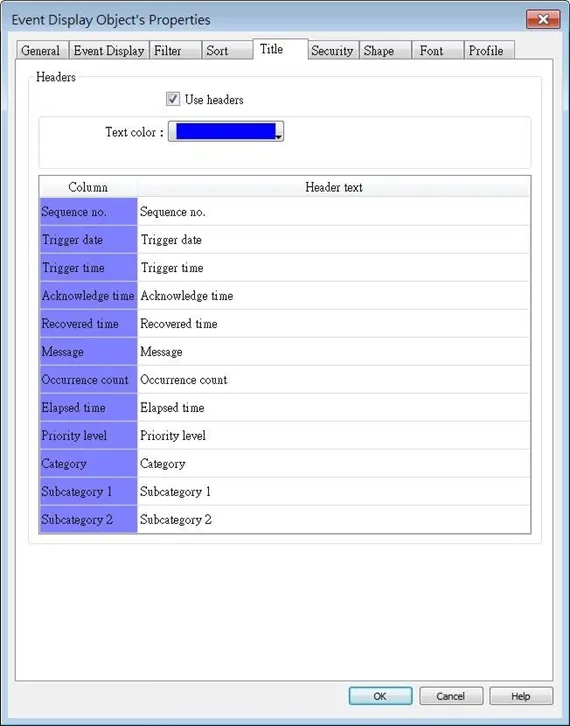 EBPro Event Display, Title tab EBPro Event Display, Title Tab. This is where the header text for the event information is configured.