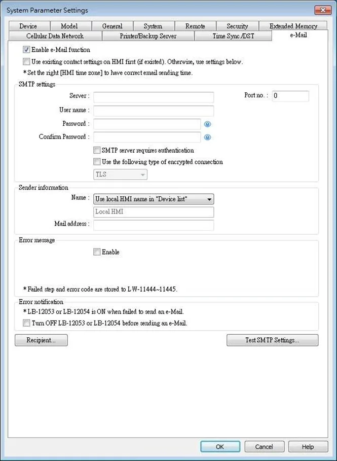 EBPro System Parameters, E-Mail tab EBPro System Parameter Settings window, E-Mail tab. This is where E-mail addresses and SMTP settings are stored, for the ability to send an e-mail for alarms, event logs, or other objects.