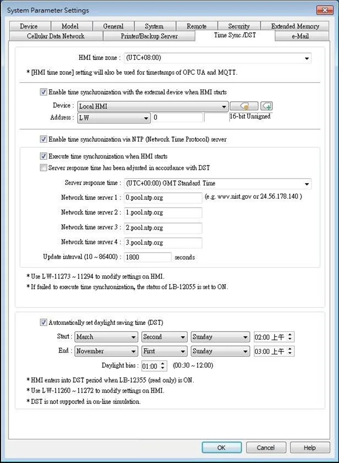 EBPro System Parameters, Time Sync/DST tab EBPro System Parameters menu, Time Sync/DST tab. This is where HMI time can be synched with one or more Network Time protocol servers.