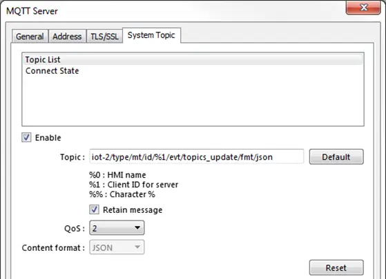 MQTT Server - System Topic tab.  This is where the two default topics published at QOS2 (Connection status, and messages from the HMI) can be edited or disabled.
