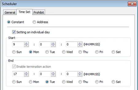 Scheduler Object, Time Set tab (constant) Scheduler Object, Time Set tab, constant option selected.
