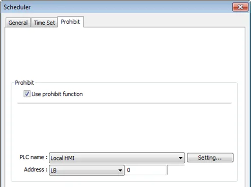 EBPro Scheduler Object, Prohibit tab EBPro Scheduler Object, Prohibit Tab. Prohibit function reads a state of a bit and if the bit is ON, the scheduled action will be skipped.