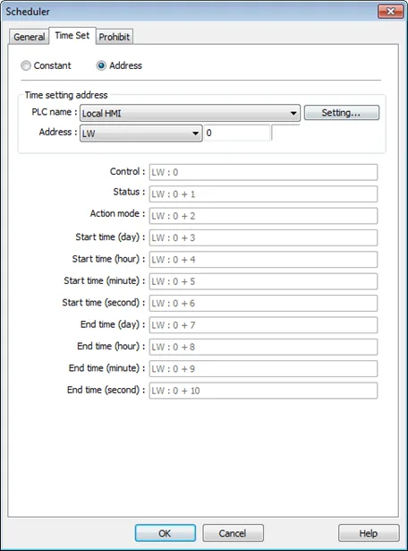Scheduler Object, Time Set tab (address) Scheduler Object, Time Set tab, "address" option selected. This allows the scheduler to be changed at runtime by referencing HMI or PLC registers.