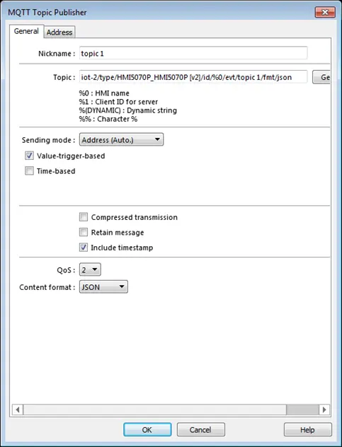 MQTT Topic Publisher, General tab.  This image shows the 'sending mode' of Address, which is the default mode.