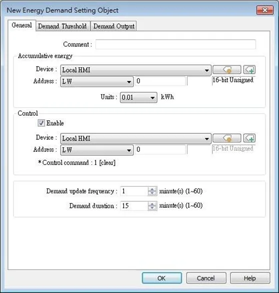 EBPro Energy Demand Setting, General tab EBPro Energy Demand Setting Object, General tab. This is where the register for noting accumulative energy demand is located as well as other control options.