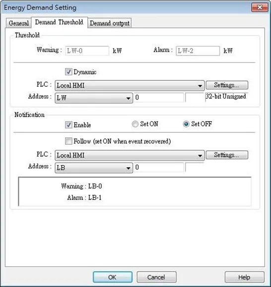 EBPro Energy Demand Object, Demand Threshold tab., EBPro Energy Demand Setting window, Demand Threshold tab. This is where energy demand warnings can be created and notifications configured.