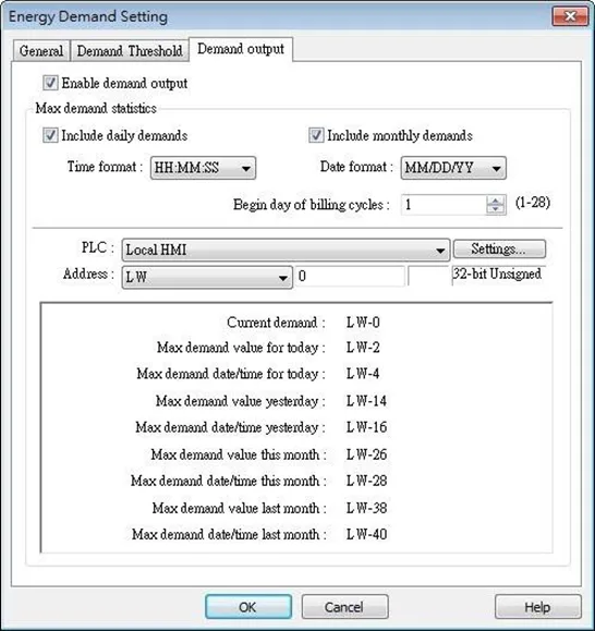 EBPro Energy Demand Setting, Demand Output tab EBPro Energy Demand Setting window, Demand Output tab. This is where energy demand warnings can be created and notifications configured.