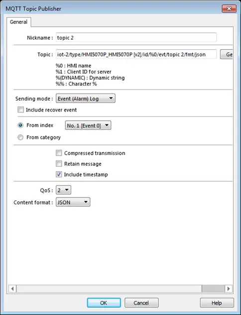 MQTT Topic Publisher, General tab. This image shows the 'sending mode' of Event (Alarm Log), which enables the HMI's event (alarm) log to be sent as an NQTT Topic..