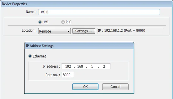 EBPro Device Properties Window, in the System Parameters menu.  The new Device (HMI B) is added as a "remote HMI" in the project that is configured for HMI A.