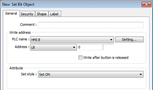 Referencing HMI B from an object (in this case, a set bit object) from HMI A.  EBPro allows for reading of data from a different HMI when the other HMI is set up as a Remote HMI in the System Parameters menu.