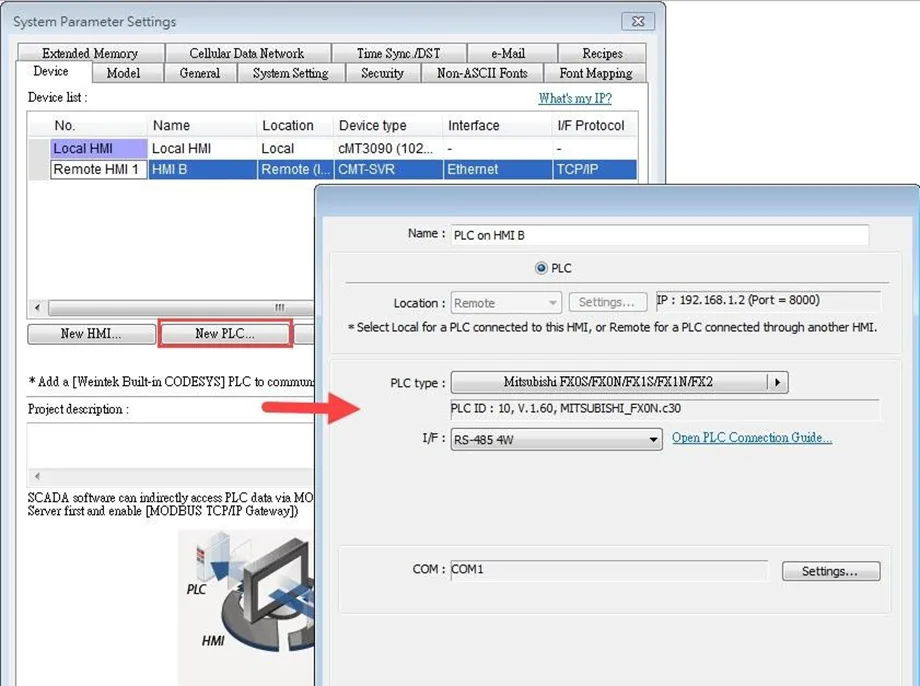 Clicking the "New PLC" button in EBPro System Parameters, Device tab to reference the PLC that is connected to the remote HMI
