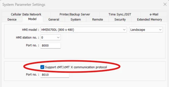 When the remote HMI in an HMI5000 Series project is a cMT / cMT X Series model, please select [Support cMT communication protocol] to establish communication between cMT/cMT X and HMI5000B/L/XL/P Series model