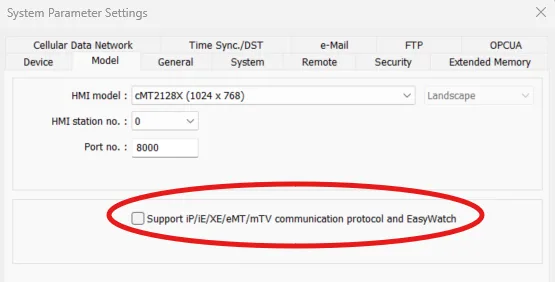 When the remote HMI in a cMT/cMT X Series project is an HMI5000B/L/XL/P Series model, please select [Support iP/iE/XE/eMT/mTV HMI communication protocol and EasyWatch] check box in the [Model] tab in [System Parameters]