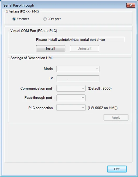 Screenshot of Serial Pass through window in EBPro, the Virtual Serial Port Driver needs to be installed.  