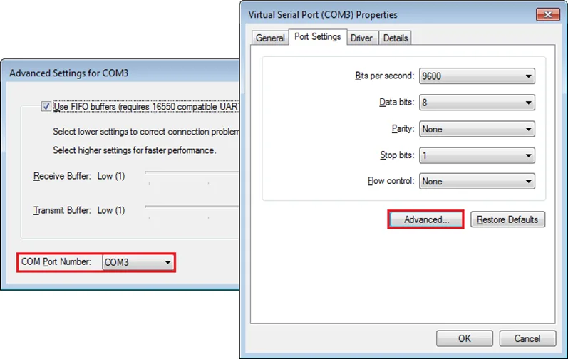 Assigning a different COM port number to the virtual serial port.  In this case, it shows as COM3.  You can also adjust the settings of the serial port from this dialog.
