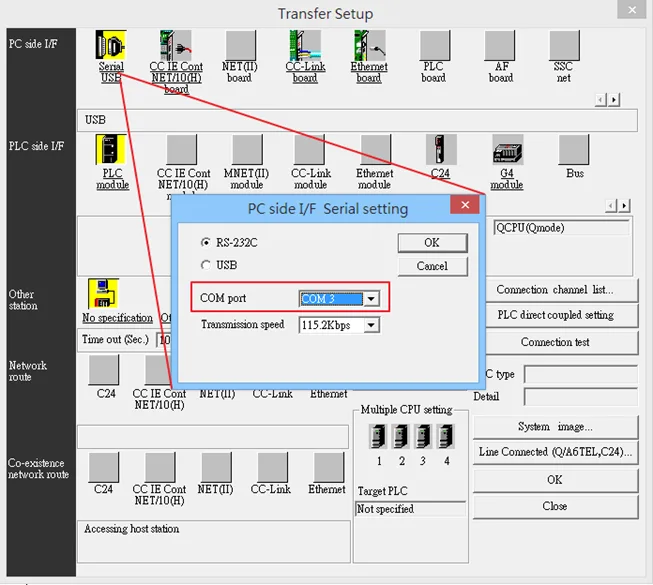 Example of Mitsubishi brand PLC application, configuring the PC side i/f serial setting.