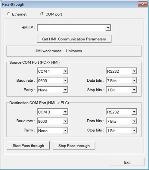 Pass Through Window with COM port button selected.  Fill out the source COM port information (PC to HMI), and destination COM port information (HMI to PLC)