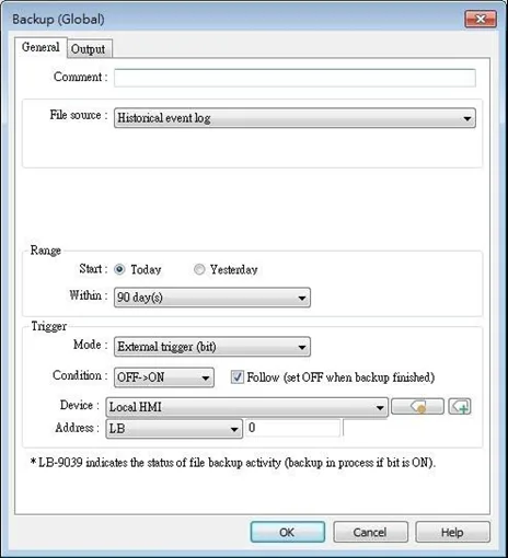 EBPro Backup Object (Global), general tab EBPro Backup Object (Global) General tab. Global backup objects are triggered off an external trigger (bit) instead of requiring a touch trigger (button).