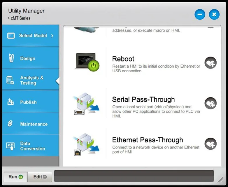 Analysis and Testing tab of Utility Manager PC program.