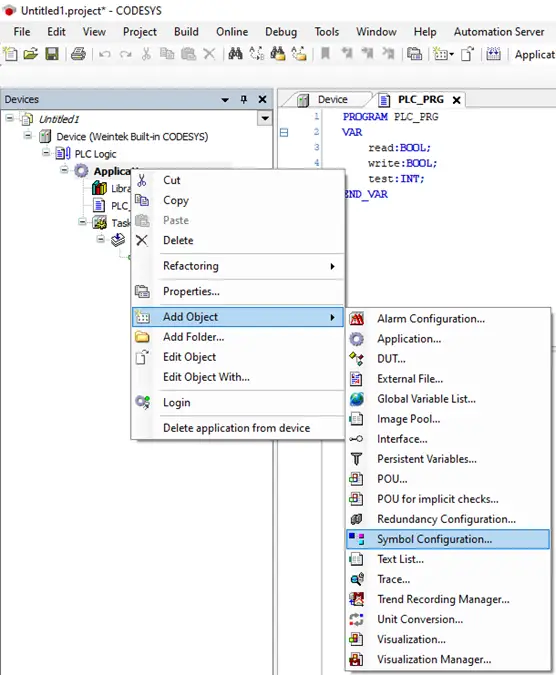 codesys tags 3 Add Object -> Symbol Configuration, using the default values. This is from the Application entry within the Devices pane on the left.