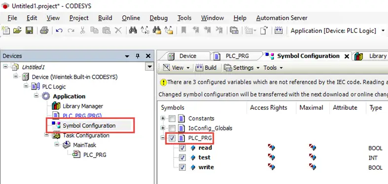 codesys export 1 With the new Symbol Configuration selected in the Devices pane, check the PLC_PRG box to add all the new tags to export: