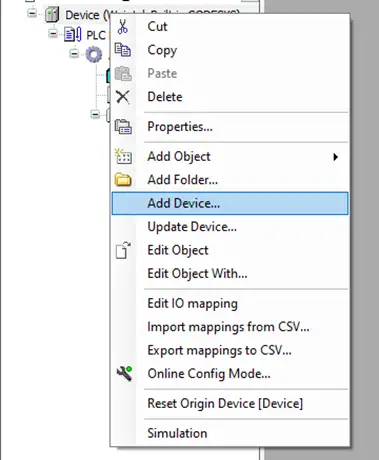 Adding a Device in CODESYS Right-clicking the Device (Weintek Built-in CODESYS) gives you a popup menu; select the 'add device' entry.