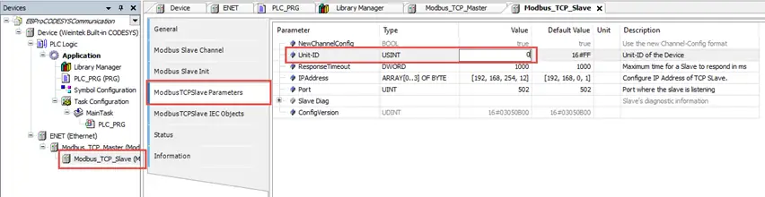 iR-ETN 9 Change the Unit-ID Parameter of the Modbus TCP Slave Device. This Unit ID parameter should match the Unit ID of the iR-ETN.
