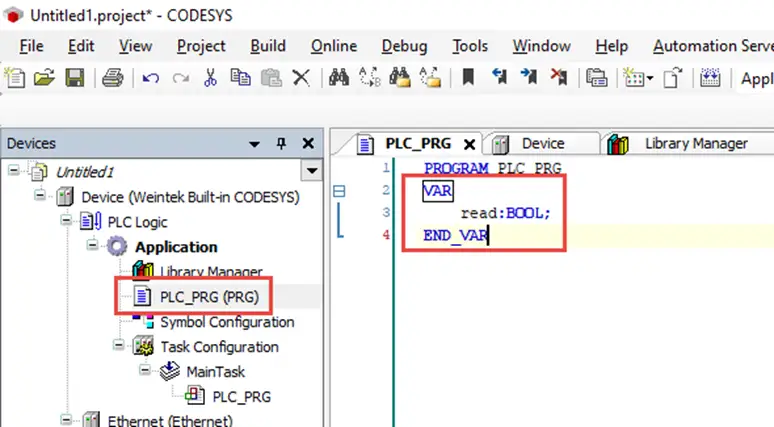 iR-ETN 11 Adding the same BOOL tag to the CODESYS program that we just created in the Modbus device.