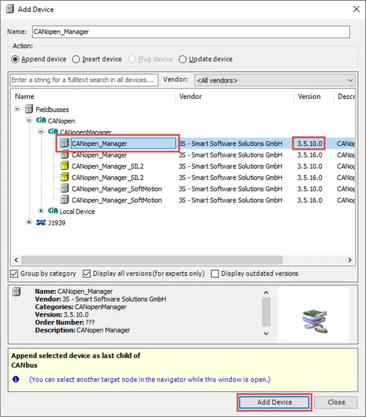 iR-COP3 Selecting the CANbus adapter, and adding a nested device (CAN Open Manager) underneath it.