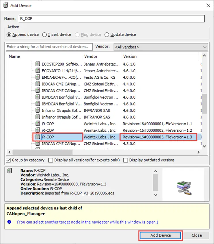 iR-COP4 Adding the iR-COP Remote Device. File Version 1.3 is the correct instance to choose.