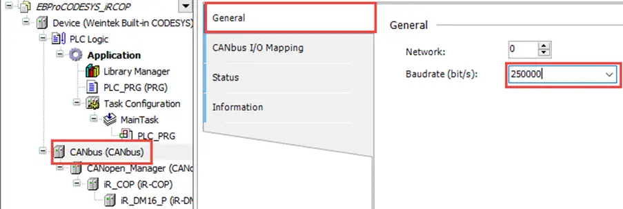 iR-COP6 Selecting the CAN bus Adapter, general tab. Enter the baud rate corresponding to the physically configured baud rate of your device.
