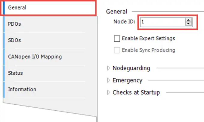 iR-COP8 Configuring the Node ID from the General tab of the iR-COP device in the CODESYS program. The Node ID must match with the hardware DIP Switch Node setting on the device.