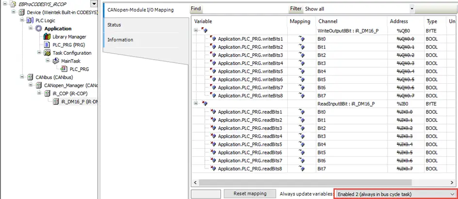 iR-COP 10 Configuring all the BOOL variables to always update. This is a dropdown selection at the bottom of the I/O Mapping window.