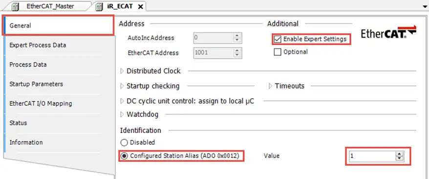 Setting Node IDs for iR-ECAT Setting the Node ID in the General tab of the iR-ECAT configuration.