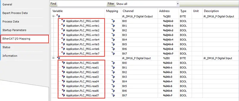 Mapping IOs to the variables Double click in the iR_ECAT device and go to the EtherCAT I/O Mapping tab. There, map the newly created variables to the IO connected.