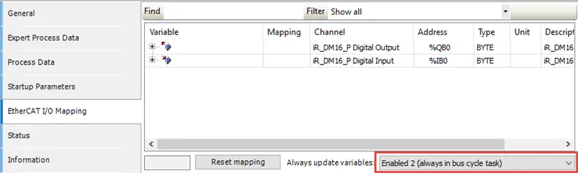 Configuring variables for automatic update Configuring all the BOOL variables to always update. This is a dropdown selection at the bottom of the I/O Mapping window.