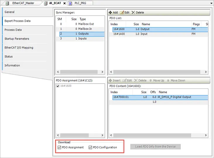 PD0 Assignment and Configuration boxes checked enable both the PD0 Assignment and PD0 Configuration check boxes in the Download section at the bottom of the window.