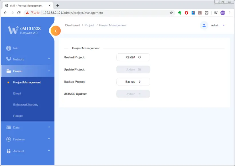 In this page the user can restart / update / back up the project file.