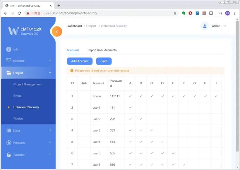 In this page the user can set operable classes and password for each account.