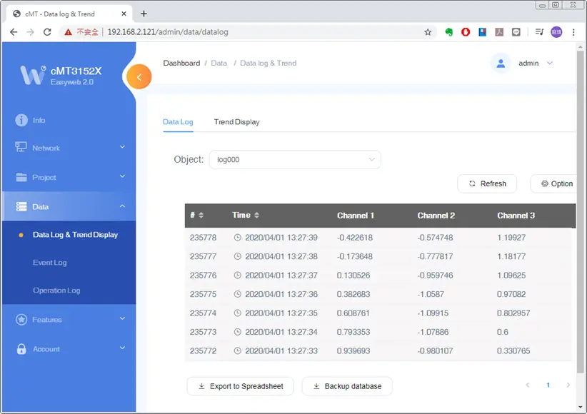 This page displays data log and the corresponding trend. The data can be exported or backed up.