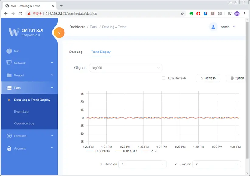 This page displays data log and the corresponding trend. The data can be exported or backed up.