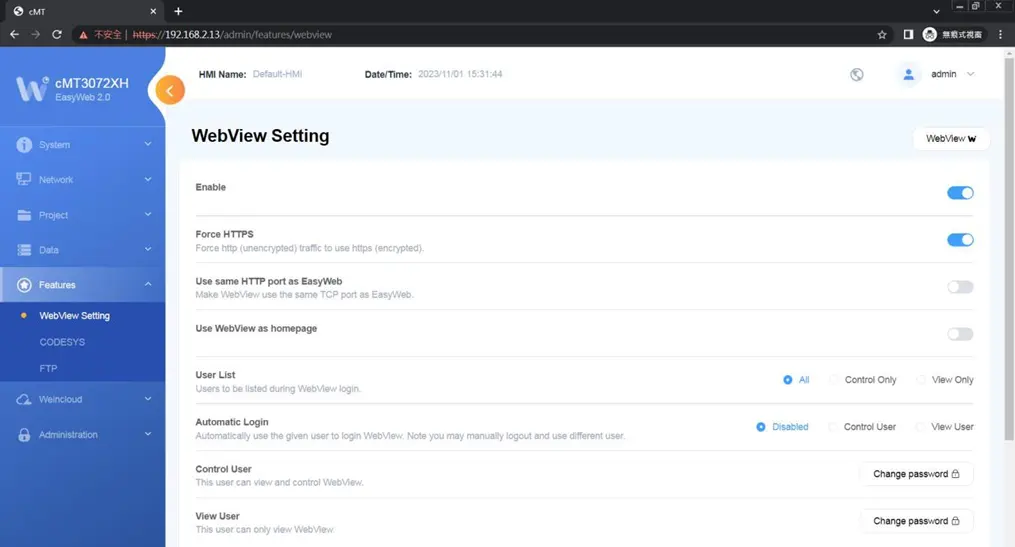 In this page the user can enable WebView and set password.