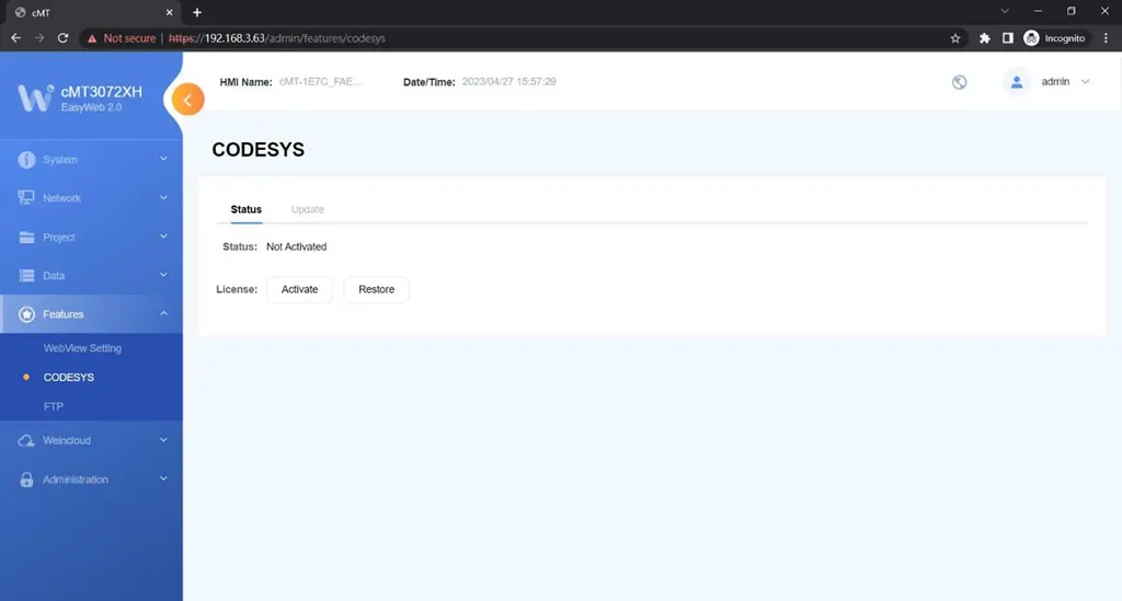 In this page the user can activate CODESYS® and manage settings for firmware updates.