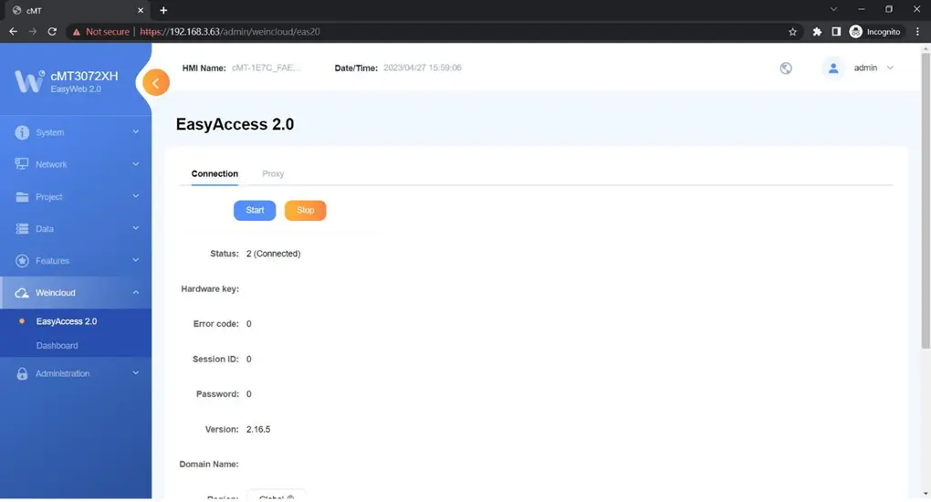 In this page the user can activate EasyAccess 2.0 and configure the proxy server.